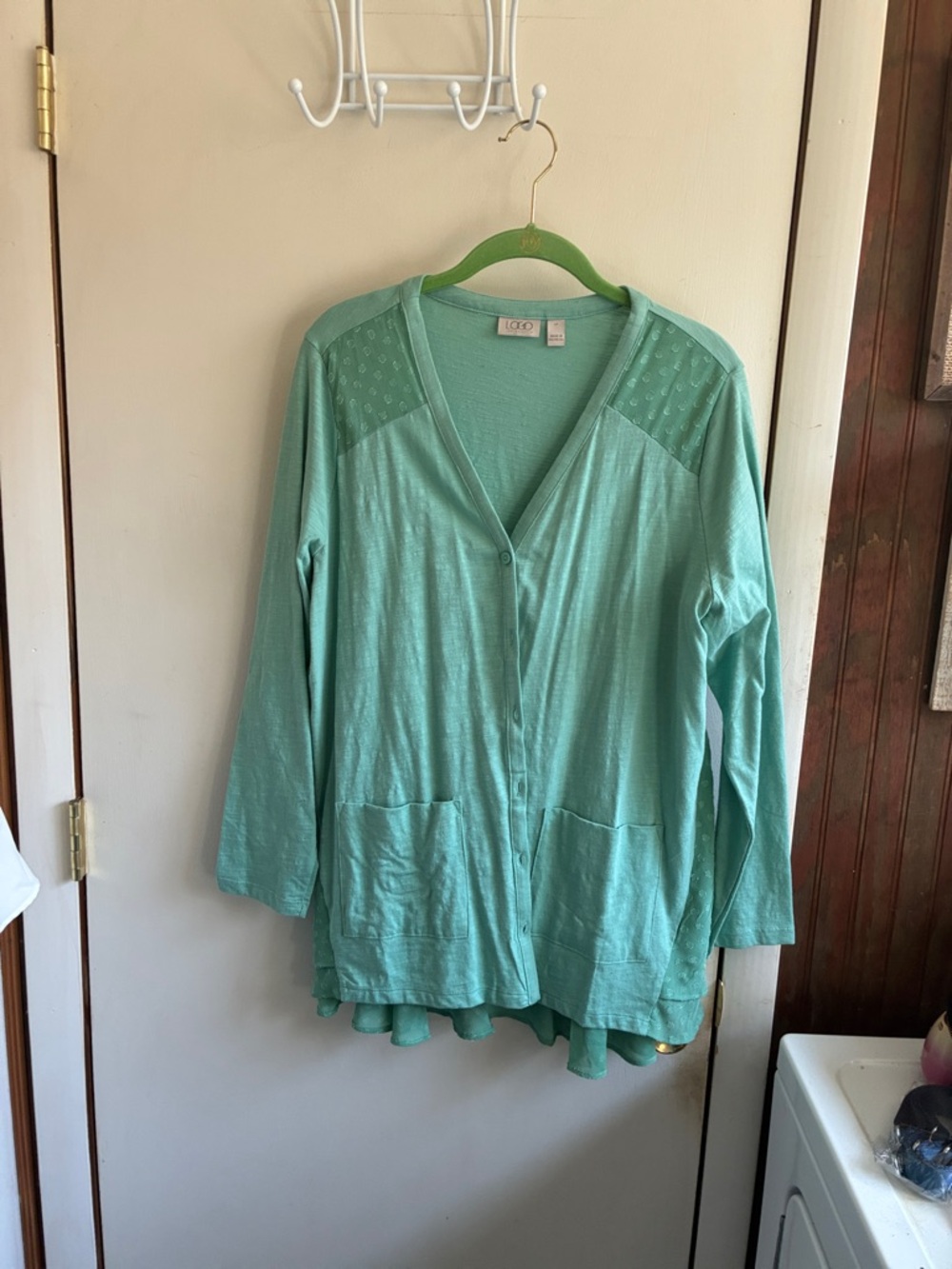 LOGO by Lori Goldstein Mint Green Long Sleeve Button Cardigan